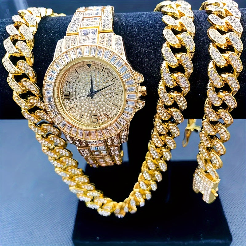 Set Of 3 Pieces, Watch Set For Men And Women, Men's Cuban Necklace And Bracelet Set, Christmas Gift