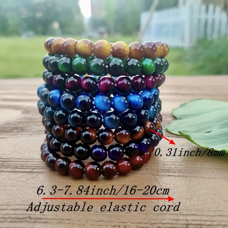 8pcs Set of 8mm Tiger Eye Stone Bracelets- Handmade, Fashionable and Durable, Suitable for Daily Wear- Unisex Design- Perfect Gift for Valentine'S Day, Birthdays, or Any Special Occasion