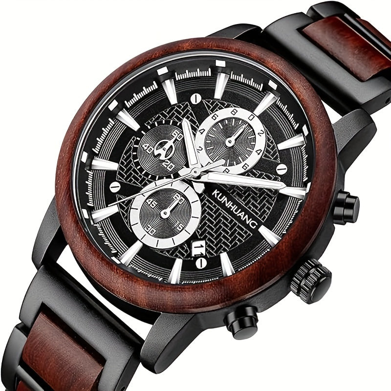 1pc Men'S Wooden Timepiece, Featuring Multifunctional Quartz Chronograph And Date Display, Handcrafted from Wood, with a Luminous, Stylish, And Lightweight Design Combining Wood And Stainless Steel