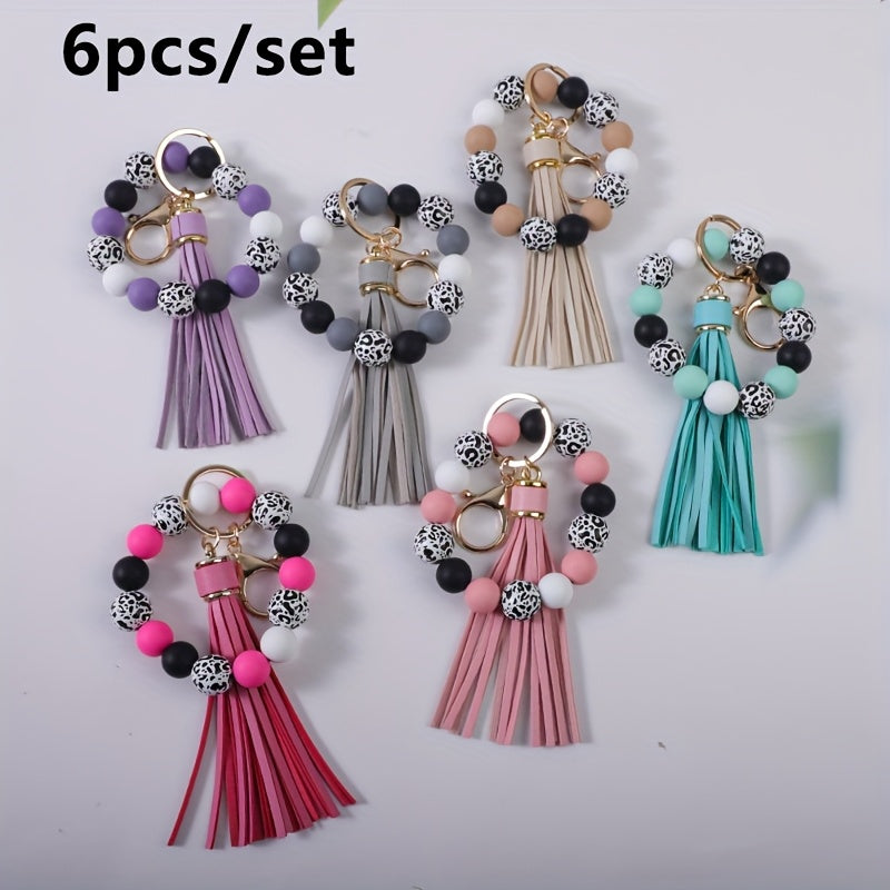5-6pcs Vibrant Leopard Print And Polka Dot Beaded Keychain Wristband Fringe Charm Fashion Bag Accessories And Car Key Pendant, Ideal Gift for Women