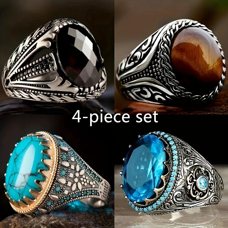 4pcs/Set Men'S Business Artificial Faux Synthetic Gems Ring with Black Carved Cocktail Ring, Anniversary Gift, Birthday Party, Engagement Gift