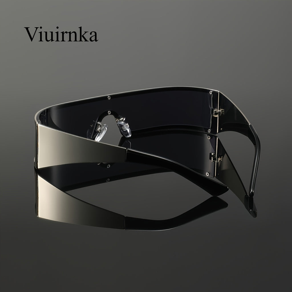 VIUIRNKA Men's Fashion Glasses, Cyberpunk Metal Wraparound Frame, Wide Temple Futuristic Design with Case, Lightweight Street Style Fashion, Perfect for Halloween & Christmas Gift Giving, Cool Quality Event Wear