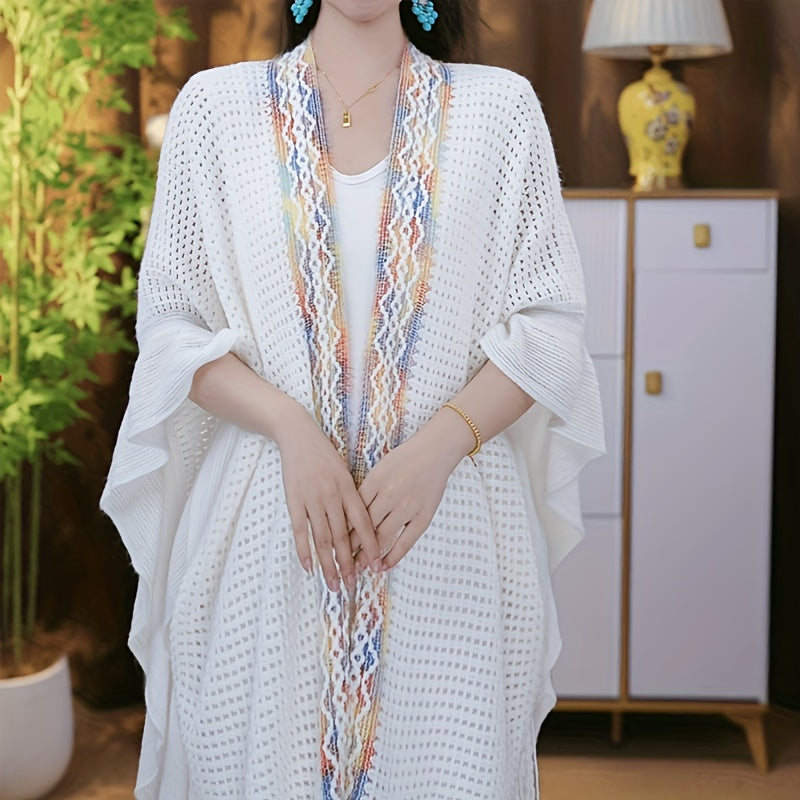New Shawl for Women with Hollowed Out Color Stripes And Ruffle Edges, Paired with A Sweater for Travel Photography, Ethnic Style Cloak, Seasonal Universal Air-conditioned Room Scarf