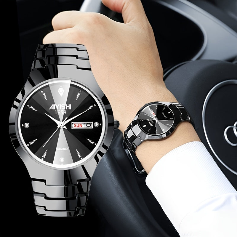 AIYISHI 2024 Fashionable Elegant Business Daily Wear Double Calendar With Luminous Men's Luxury Classic Coffee Gold Stainless Steel Watch With Quartz Wristwatch, The Ideal Choice For Gifts