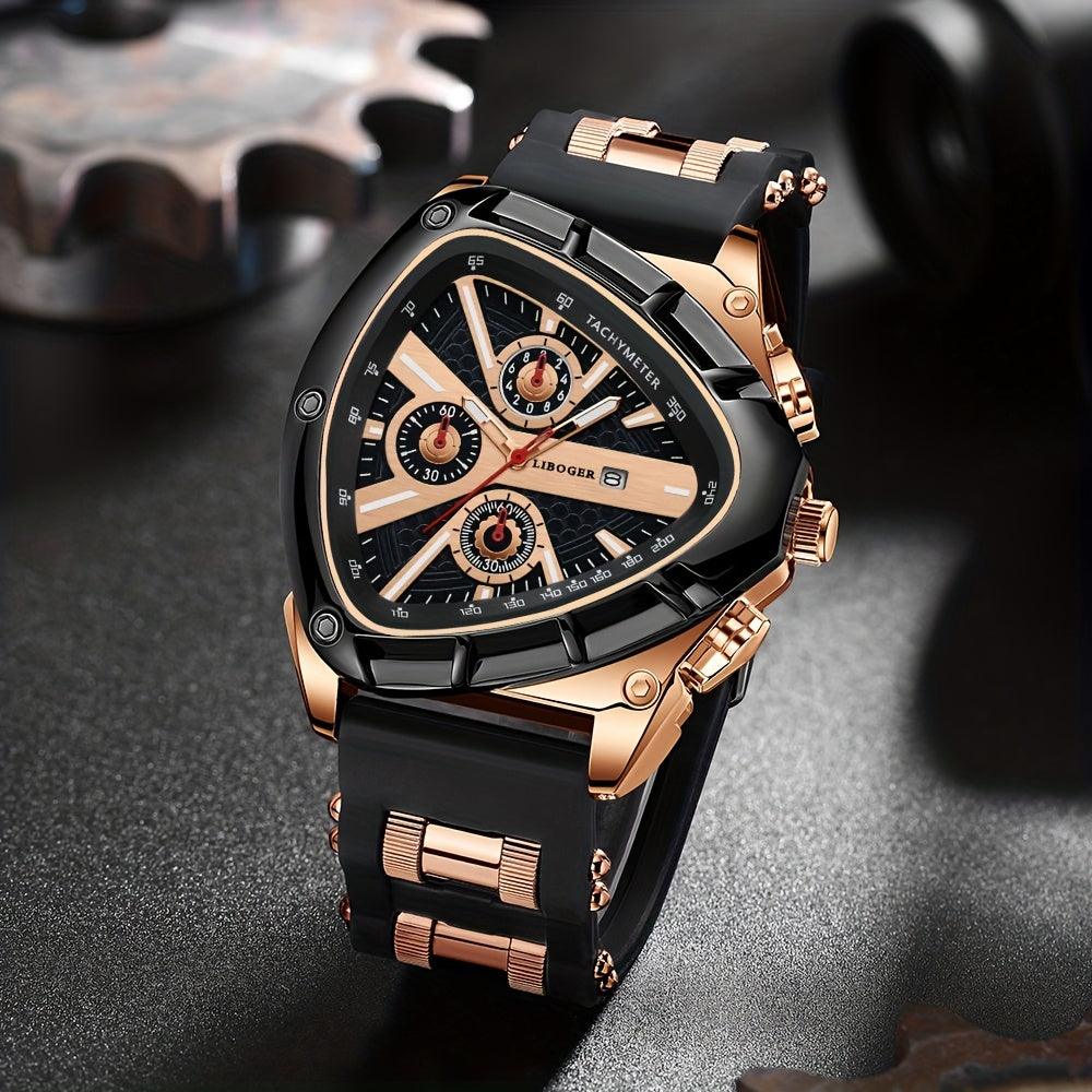 [Valentine's Father's Day Gift] 2pcs/set Luxury Sports Mens Watches For Men With Triangle Dial & Silicone Strap, Chronograph-like, Retro Square Dial & Faux Leather Starp Men Watches, Date Display, Dress Watch For Casual, Valentine's Father's Day Gift, Rel