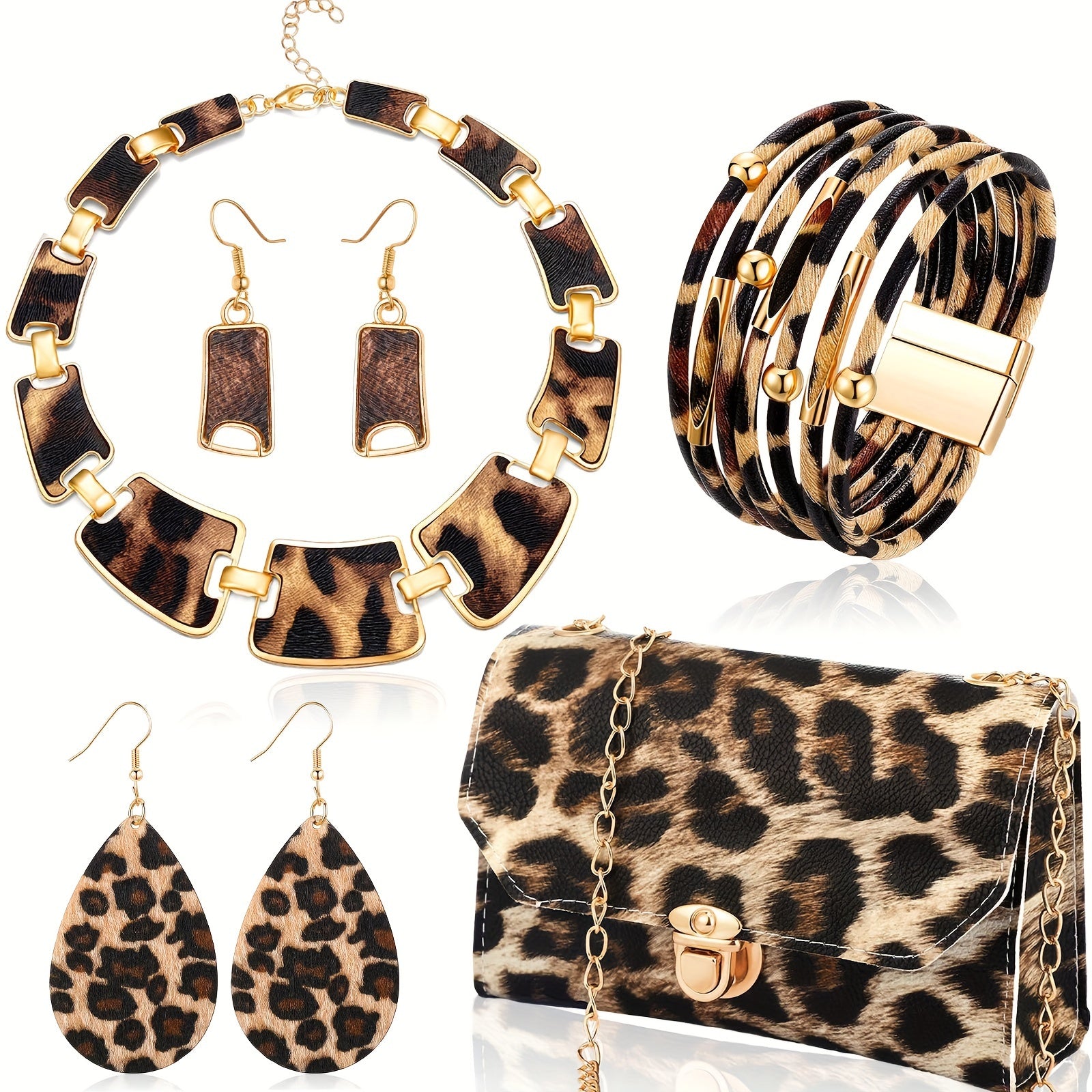 7/ Pcs Set Bohemian Style Leopard Print Jewelry Sets - Plastic Fashion Accessories Including  Necklaces, Earrings, Bracelets, and Handbags - Suitable for Daily and Vacation Wear