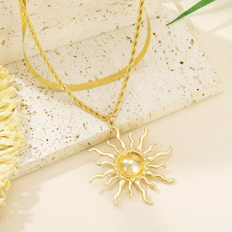 Elegant Double Layer Snake Bone Chain Necklace with Sun Flame Pendant for Women, Bohemian Style Jewelry for Casual Attire or Gift, Gift for Women | Flame Motif Design