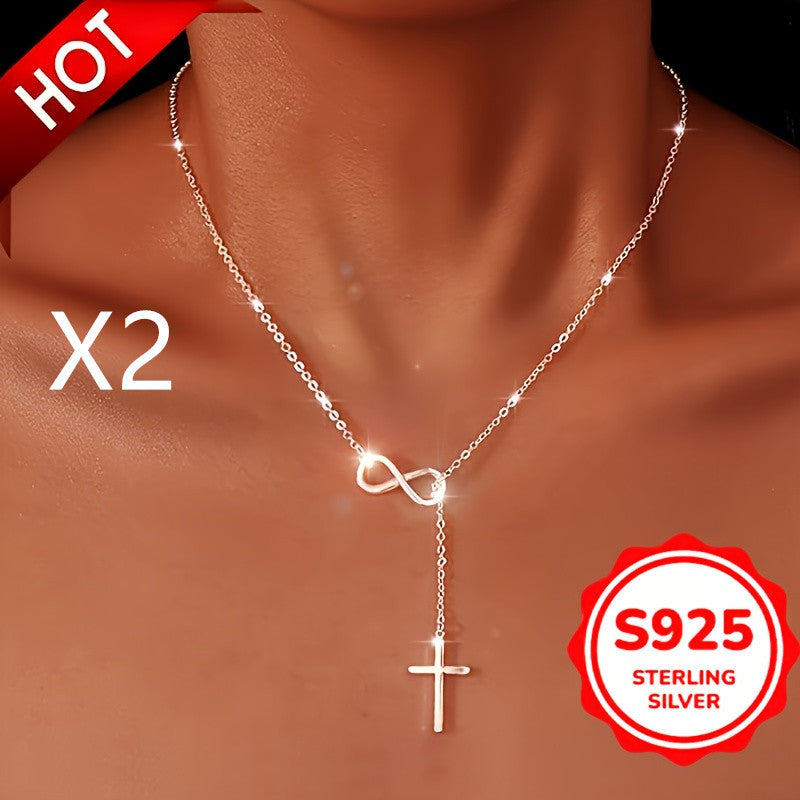2PCSLuxurious S925 Pure Sterling Silver Infinity Lucky 8 Cross Pendant Necklace - Hypoallergenic, , Timeless Classic Style, Perfect For Daily Wear, Vacations, And Christmas Gifts, With Elegant Design And Sparkling Finish