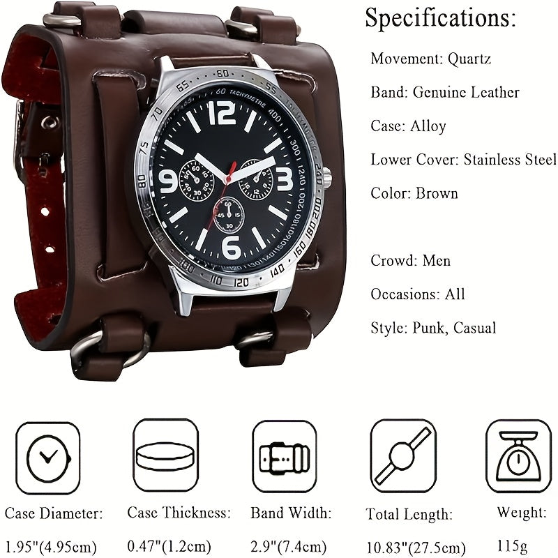 Hip Hop Punk Rock Style Analog Quartz Men's Watch, Europe And The United States Trend Personality Biker Wide Leather Watch, Three Eyes Decorative Dial, Halloween Christmas Birthday Gift