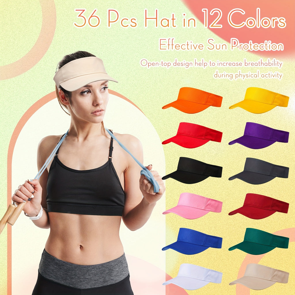 [Adjustable Sun Visor Caps] 36 Pack (Bulk) Adjustable Sun Visor Caps - Lightweight Visor, Non-Elastic Hats for Men & Women, Empty Top Design for Outdoor, Tennis, Running, Golf - Bulk Packaging for Teams/Events (Not Washable)