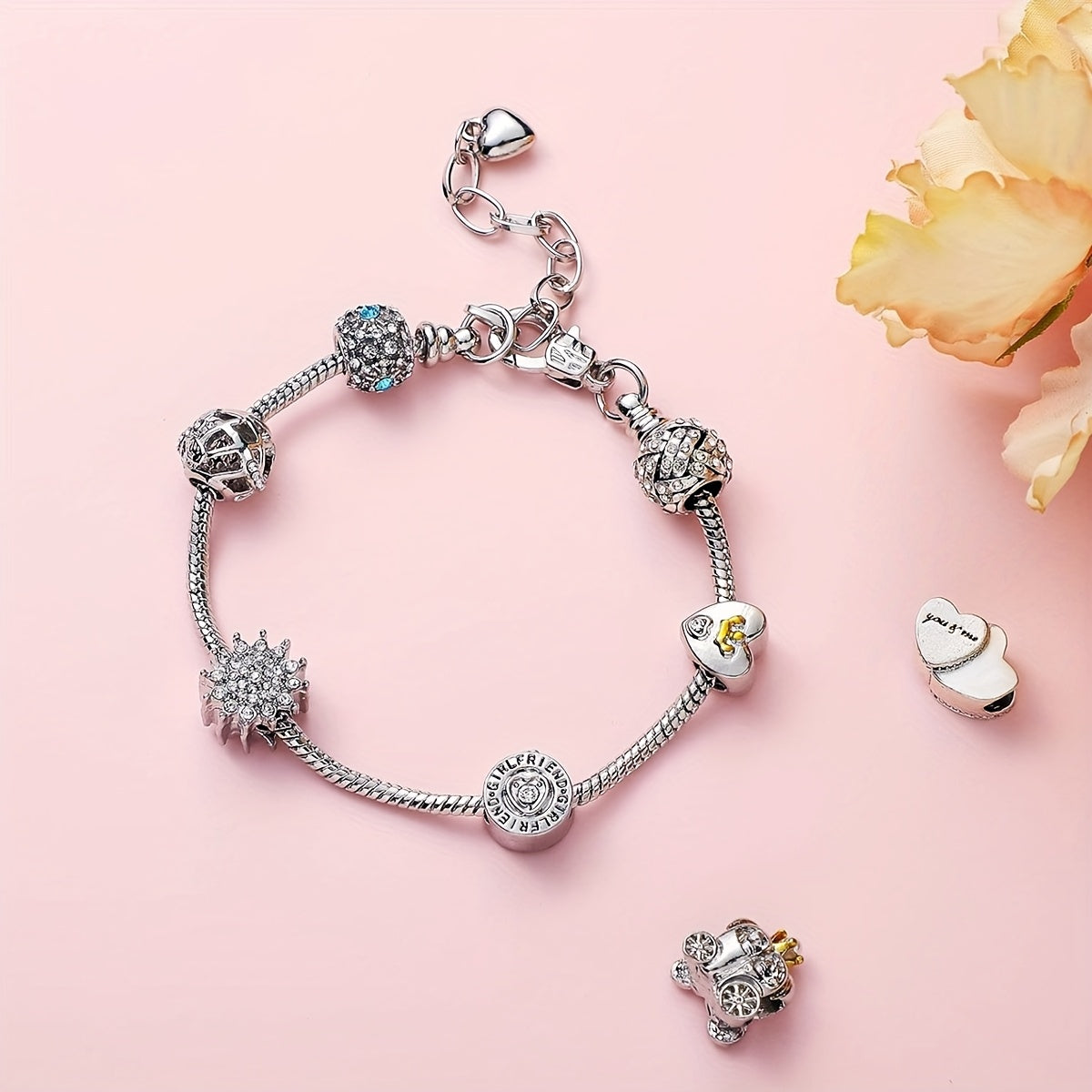 40pcs/set Adjustable Snake Chain Bracelet, DIY Bead Pendant Bracelet with Heart Extension Chain, Suitable for Jewelry Making