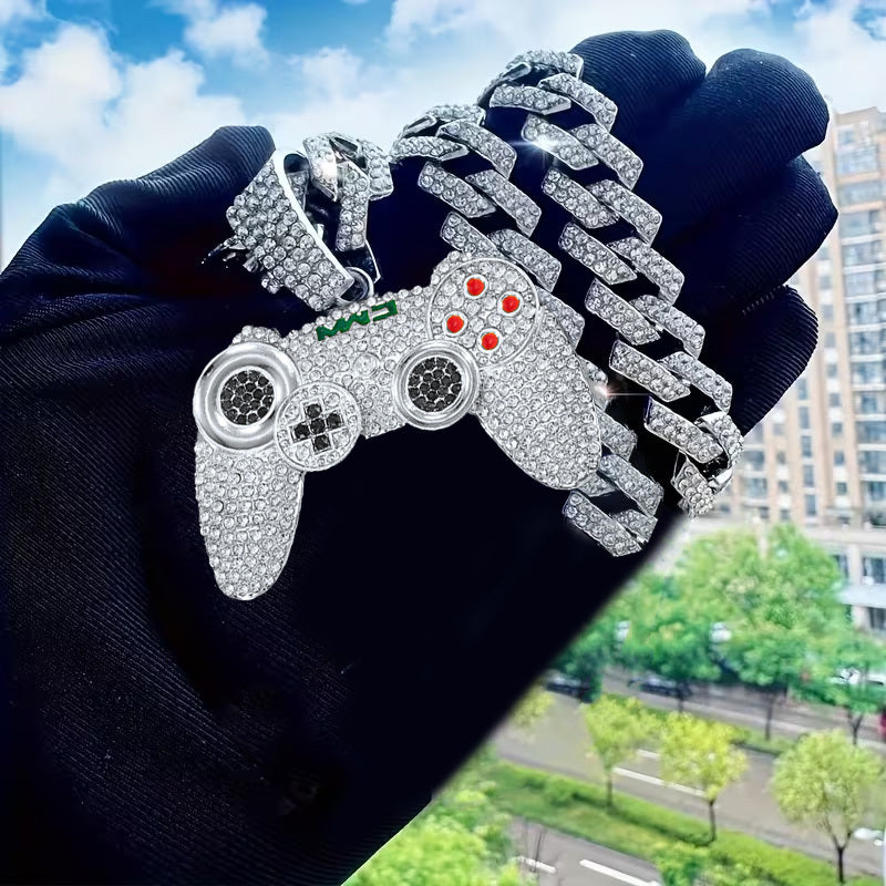 2pcs Fashionable Game Controller Pendant Necklace with Rhinestones - Men's Hip - Hop Cuban Chain, Ideal for Music Festivals, EDM Parties