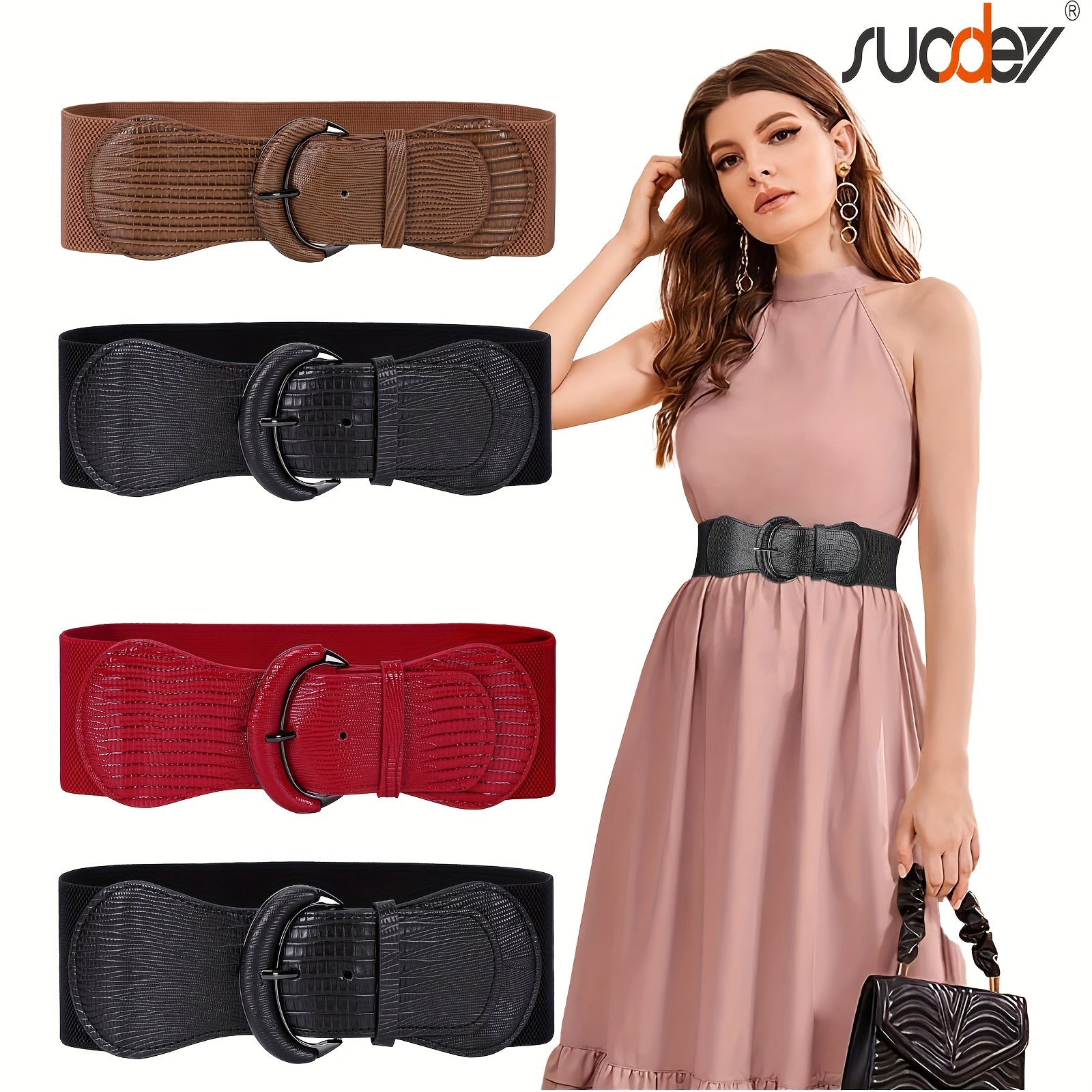 SUOSDEY 2pcs Women'S Elastic Needle Buckle Wide Belt Dress