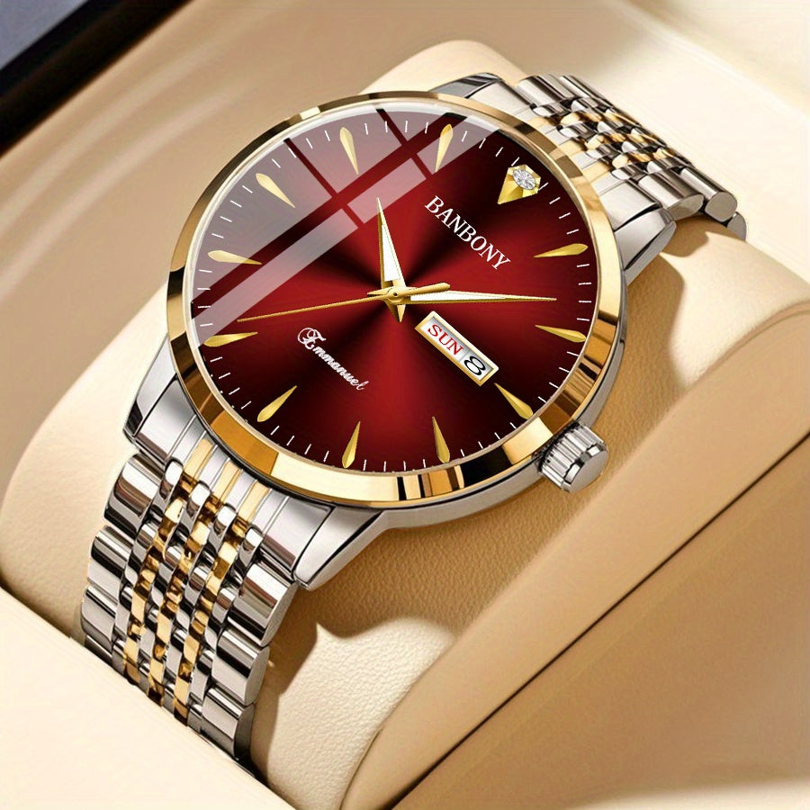 New Banbony Unisex Stainless Steel Quartz Watch with Rhinestone Accents, Water-Resistant IPX7, Sleek HD Dial, Date Display, Golden-Tone Finish - Ideal for Casual Wear, Parties, and Gifts