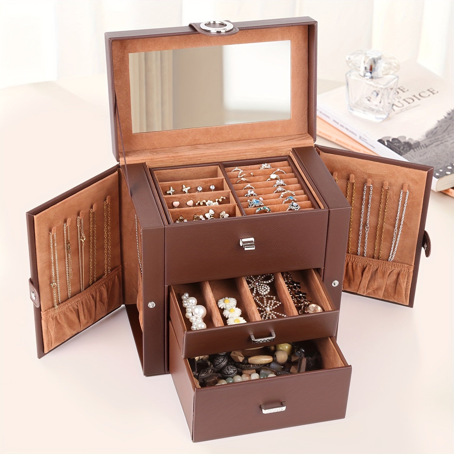 Leather Jewelry Box with 3 Layers, 2 Drawers, and Mirror, Portable Travel Case for Necklace, Ring Storage