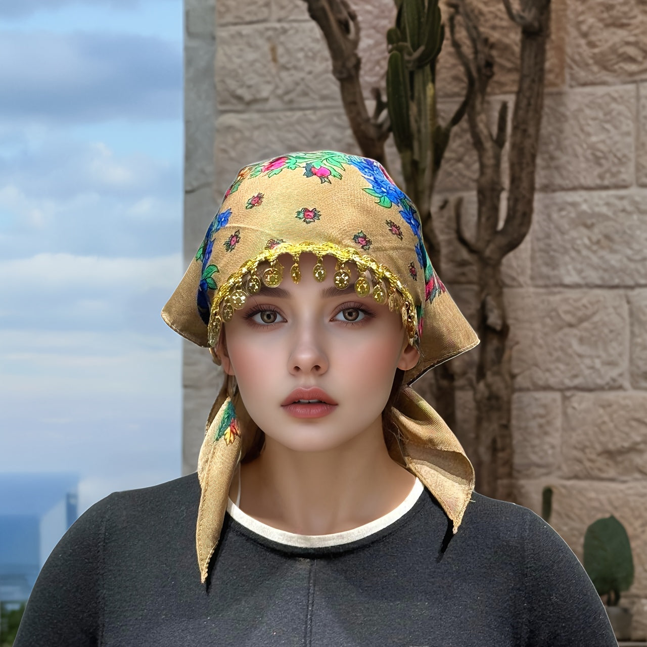 A Stylish Peony-Patterned Headscarf Complemented by Beautiful Golden Sequin Additions, Perfect for Casual Outings. It'S Lightweight, Breathable, And Protects Against Dust, Making It Ideal for Summer Wear
