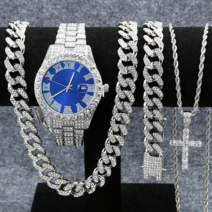 [Holiday Gifts, Christmas Gifts] 4pcs/Set, Men's Watch Set, Men's Cuban Necklace Bracelet Set, Men's And Women's Holiday Gifts, Christmas Gifts