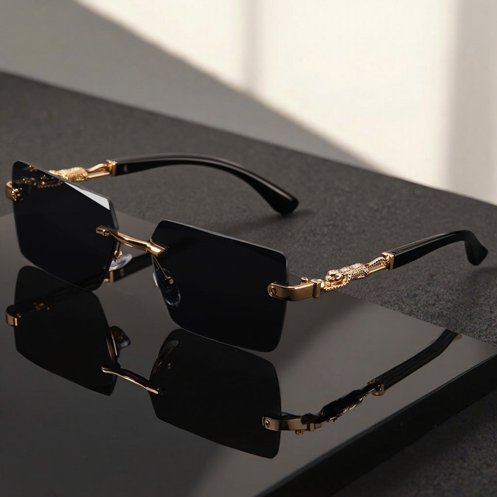 Unisex Luxury Frameless Black And Golden Sunglasses with Leopard-Decorated Arms - UV400 - Narrow Rectangular Lens - Includes Protective Case And Cleaning Cloth - High-End Gift for Men And Women - Stylish Eyewear for Driving, Travel, And Parties