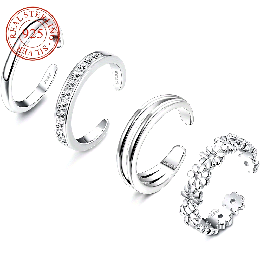 Set of 4 Adjustable Open Toe Rings Made of 925 Sterling Silver for Women, Featuring Daisy Flower And Cubic Zirconia Designs, Lightweight at 6G/0.21Oz, Perfect As a Jewelry Gift Set, Includes Band Rings