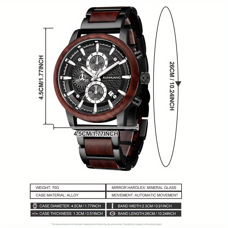1pc Men'S Wooden Timepiece, Featuring Multifunctional Quartz Chronograph And Date Display, Handcrafted from Wood, with a Luminous, Stylish, And Lightweight Design Combining Wood And Stainless Steel