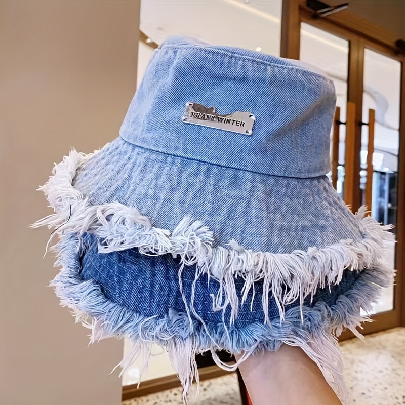 Lightweight Blue Bucket Hat with a Raw Hem, Featuring a Distressed Look, Perfect for Casual Sun Protection for Both Men And Women