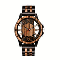 Men's Vintage All-Wood Watch with Large Dial & Hollow Three Sub-Dials - Quartz Movement, Wooden Band & Beige Dial, Includes Gift Box for Men, Everyday Timepiece, Retro Style Watch, Natural Grain Texture