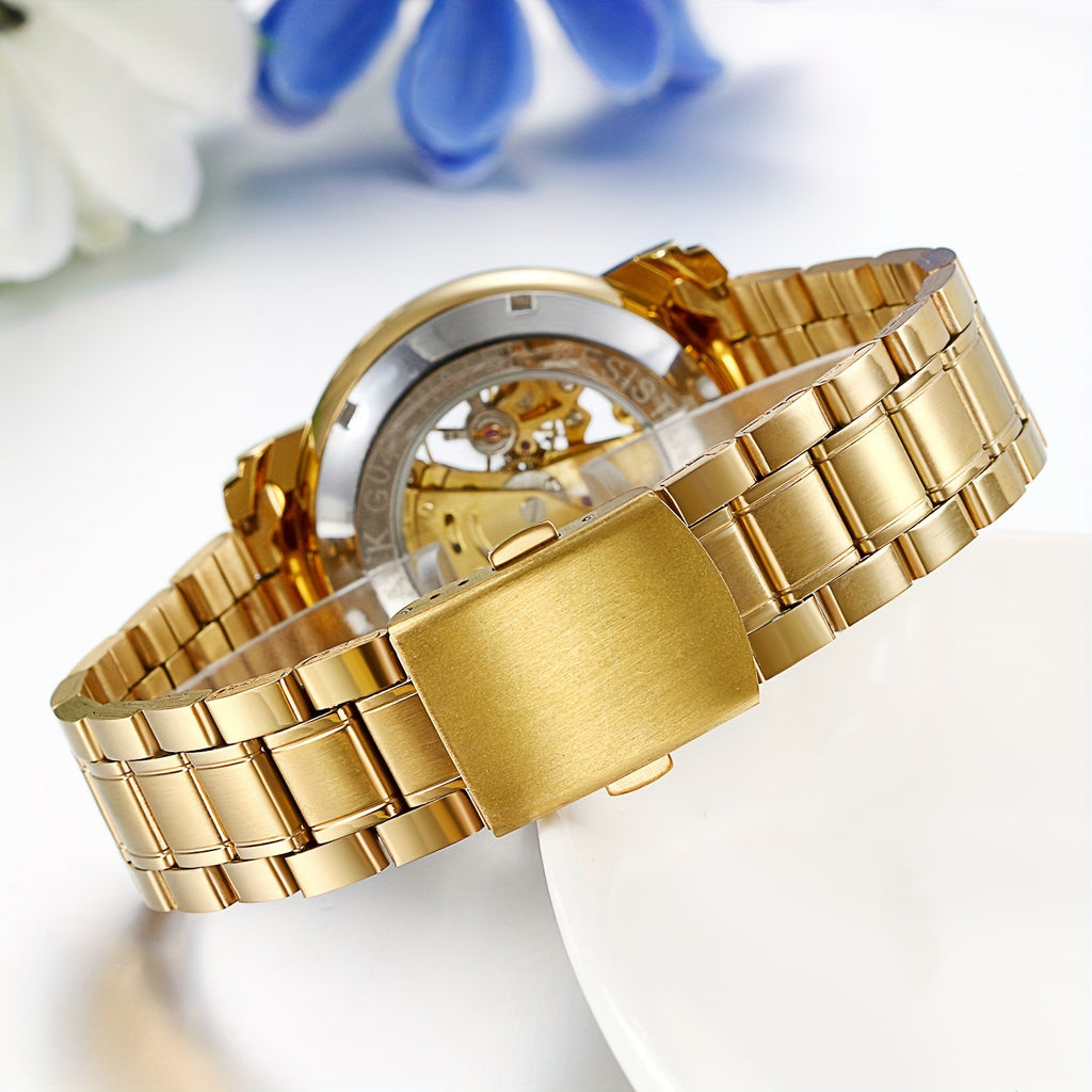 Luxury Men'S Stainless Steel Transparent Skeleton Automatic Mechanical Wrist Watch, Without Battery