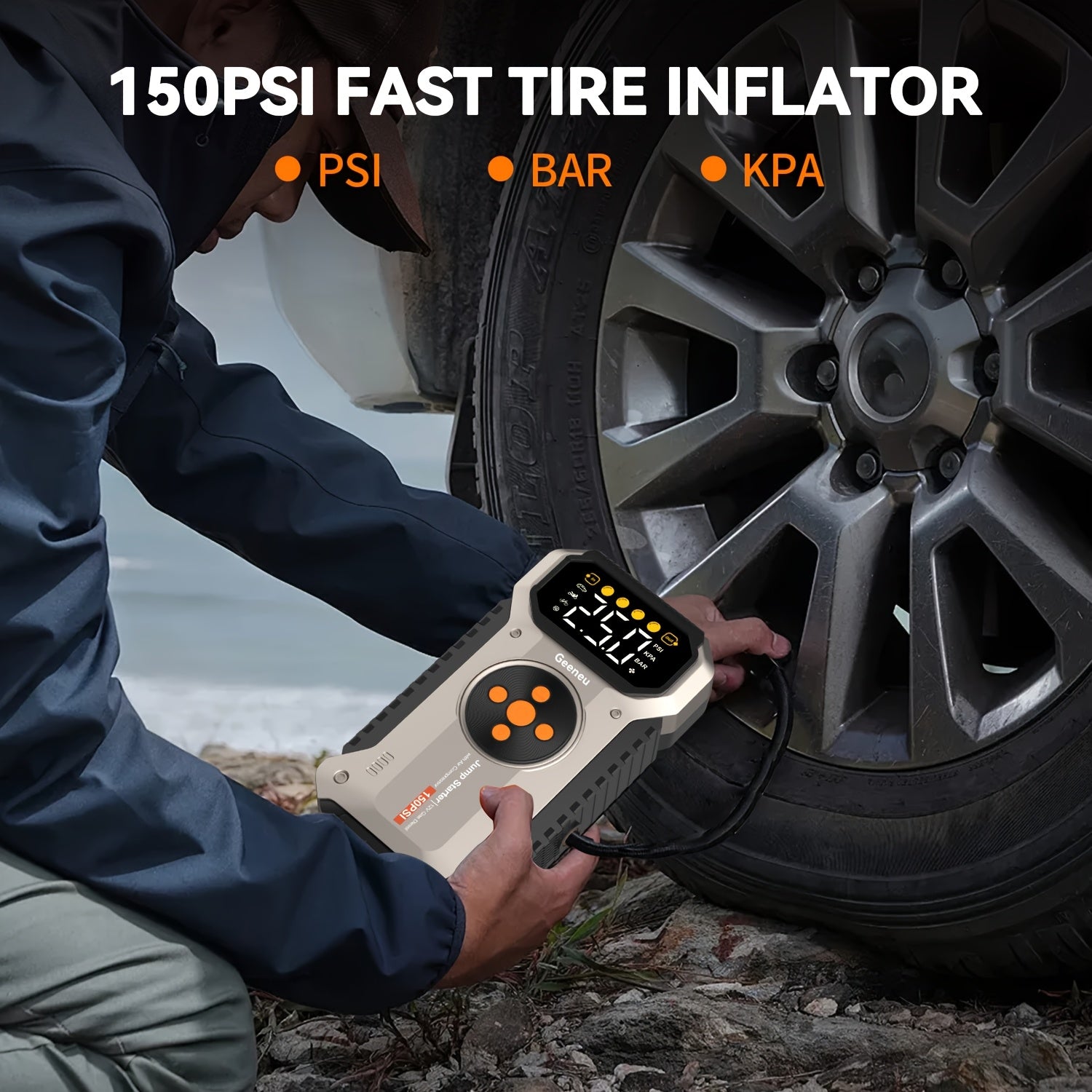 12000mAh Jump Starter for Car, Jump Starter with Air Compressor, Battery Jump Starter Portable5000A Peak 150PSl Digital Tire Inflator, Car Battery Charger Portable for 12V (8.5LGas/1.85gal Diesel) USB Input/output, LED Emergency, Car Accessories