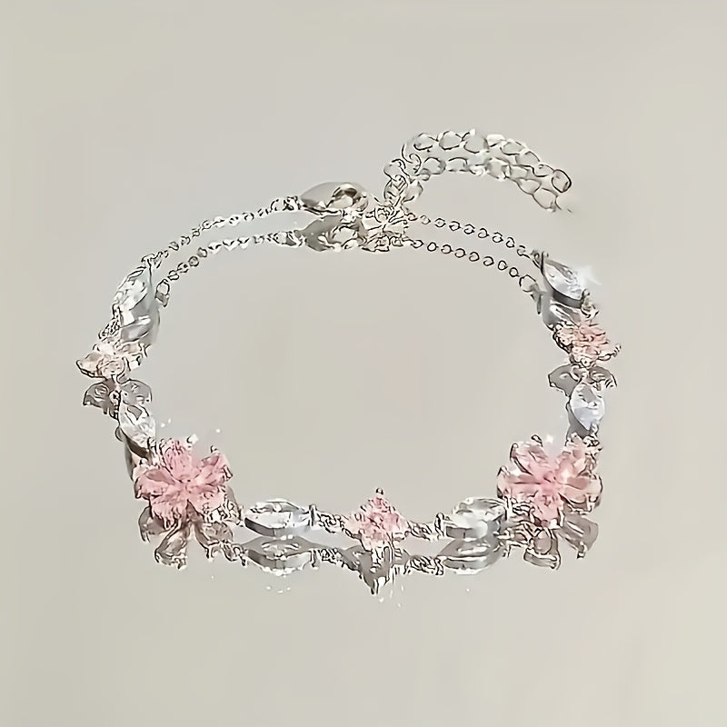 1 Women's S925 Silver Pink Cherry Blossom Bracelet, Fashionable, Cute, Exquisite Square Synthetic Synthetic Zirconia Petal Cherry Blossom Bracelet Adjustable