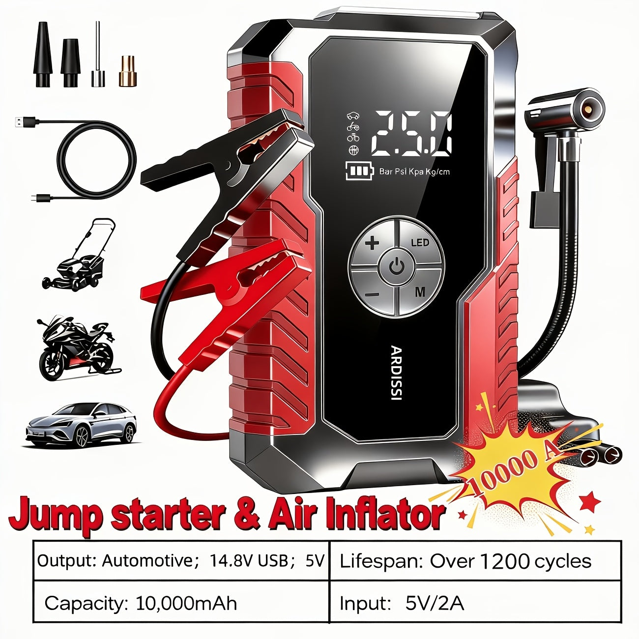 10000A 7-In-1 Multifunctional Emergency Jump Starter with 150PSI Air Pump, Digital Tire Inflator, Portable Car Battery Charger, Up to 2.64gal Gas/2.38gal Diesel, LED Emergency Light & USB Charging, Car Emergency Tool. Suitable As a Holiday Gift