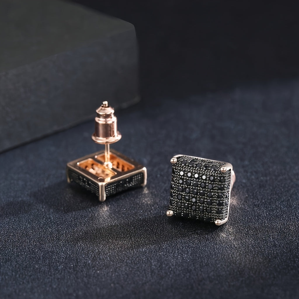 Classic Black Hip Hop Square Stud Earrings For Men, Copper Inlaid Sparkling Cubic Synthetic Zircon Jewelry, Iced Out Streetwear Earpins, Cool Gift For Him