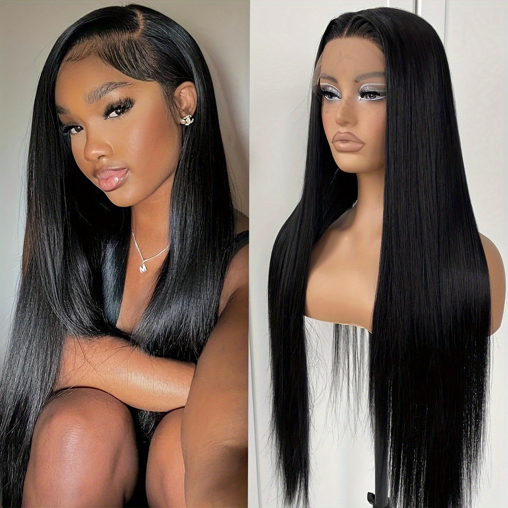 EALGA Long Straight Lace Front Wigs in Natural Black, Glueless And Pre-Plucked Synthetic HD Lace Front Wig Designed for Black Women, Suitable for Parties, Daily Wear, And Halloween
