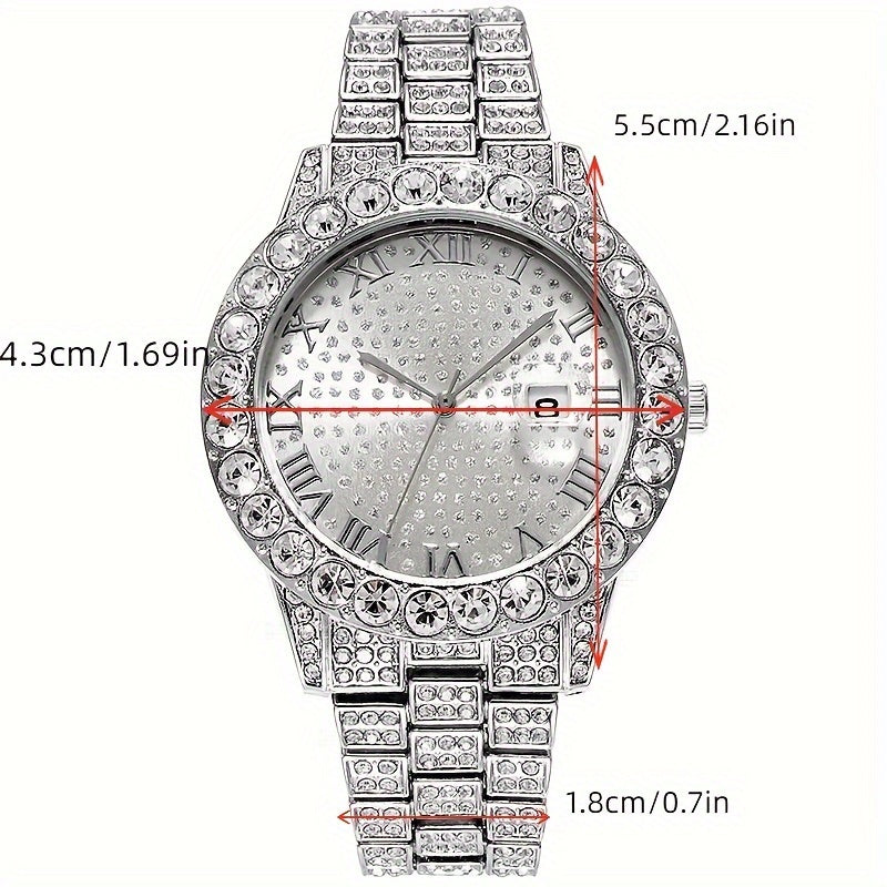 5pcs, Men's Rhinestone Watch Set, Fashionable Cross Necklace Ring Bracelet Set, Christmas Set