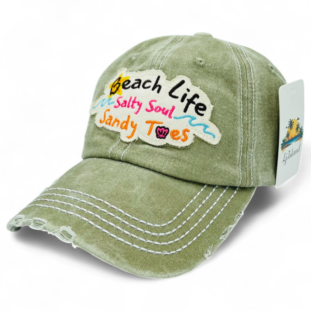 "Beach Life Salty Soul Sandy Toes" Baseball Cap-Local Artist Designed, Vintage, Distressed, Embroidered, 100% Cotton, UV Protection, Adjustable