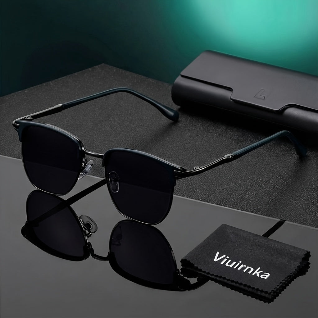 Unisex Retro Semi-Rim Frame UV400 Sunglasses - Classic Half Frame Design with Case & Cleaning Cloth - Stylish Eyewear for Daily And Travel Use