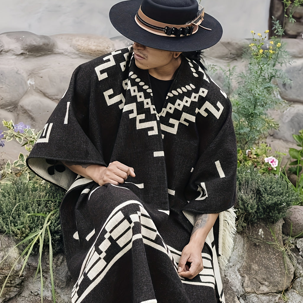 Men's Vintage-Style Warm Poncho - Geometric Pattern, Tassel Detail, Cozy Acrylic Shawl for Outdoor Adventures