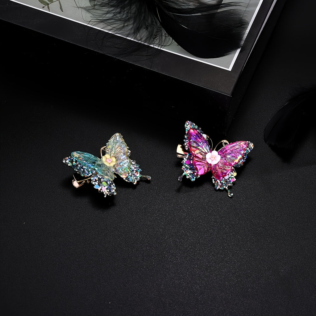 12pcs/set New Luxury Shiny Sequin Double-layer Butterfly Clip, Women'S Fashionable Double-layer Acrylic Butterfly Hair Clip, Suitable For Daily And Holiday Party Wear, Women'S Y2k Headwear Hair Accessories