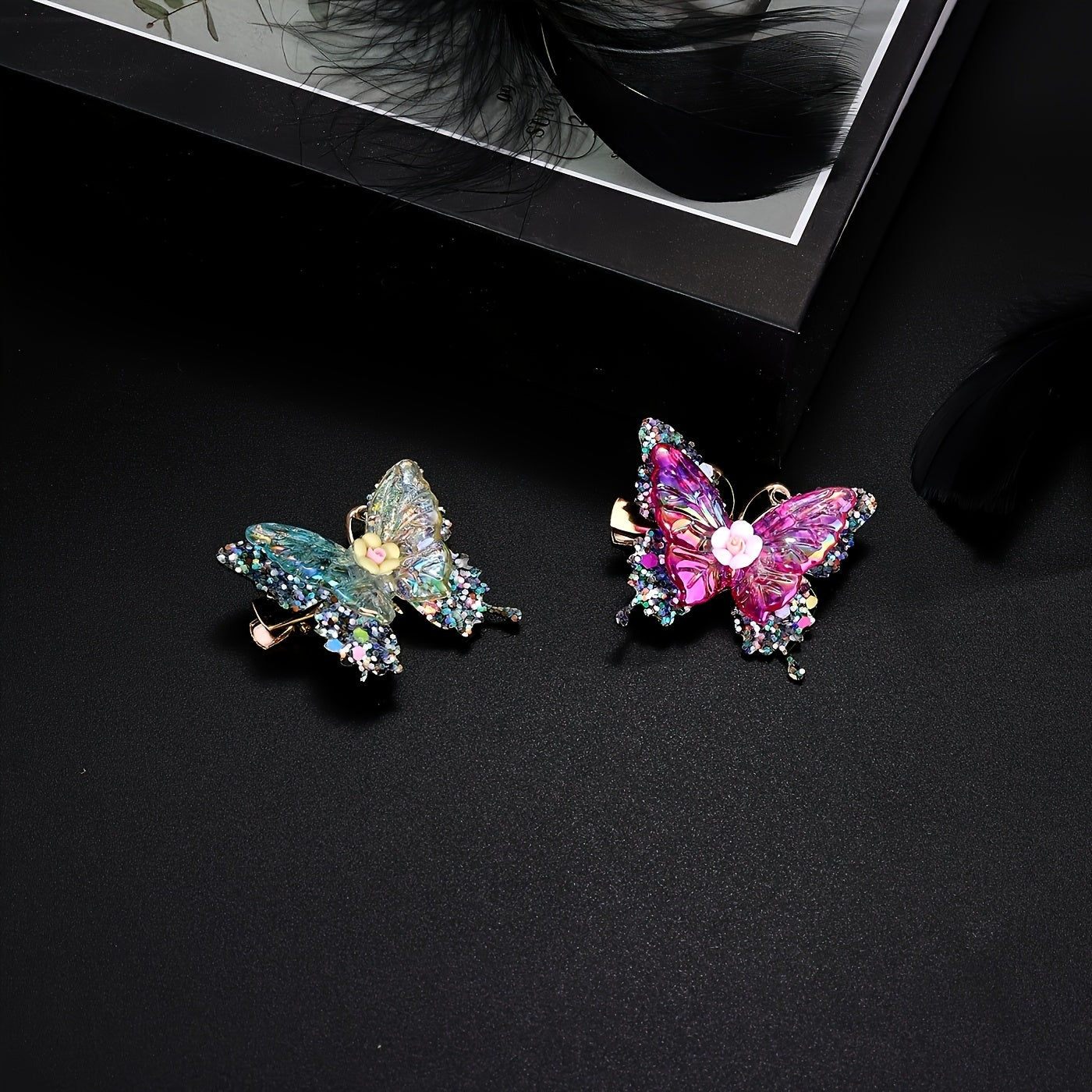12pcs/set New Luxury Shiny Sequin Double-layer Butterfly Clip, Women'S Fashionable Double-layer Acrylic Butterfly Hair Clip, Suitable For Daily And Holiday Party Wear, Women'S Y2k Headwear Hair Accessories