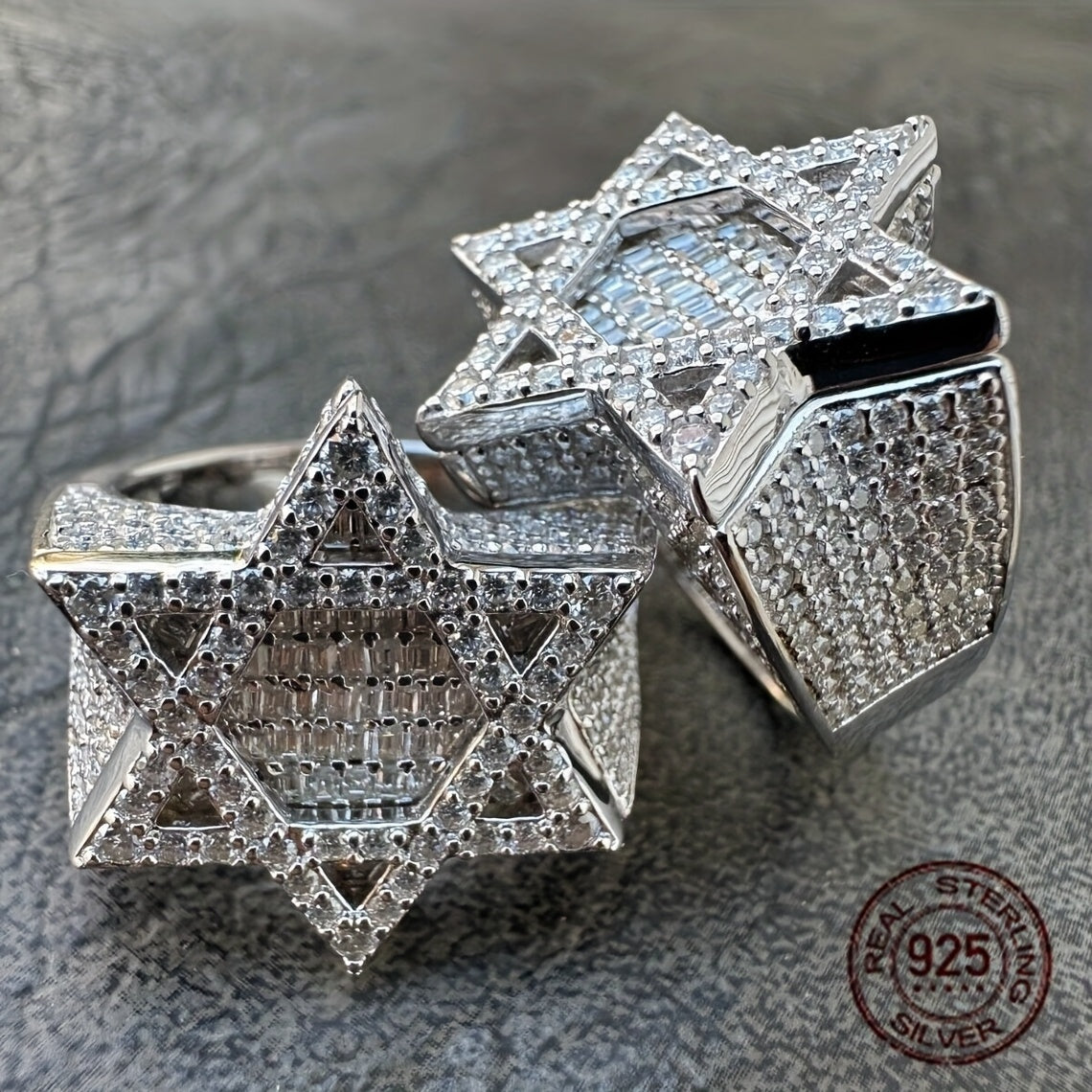 Men'S Super Iced Out Baguette Hexagram Star Hip Hop Rings925 925 Silver Jewish Star of David Magen Pinky Ring