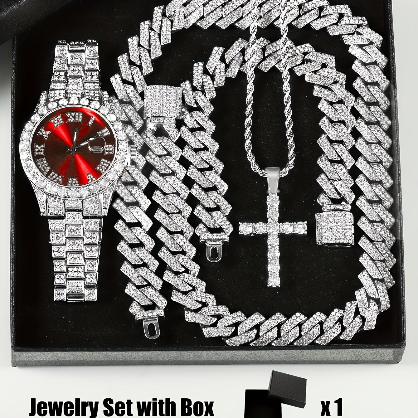 4pcs/set Men's & Women's Rhinestone Wrist Watch & Cross Pendant Jewelry Set with Analog Quartz Watch, Calendar, Quartz Movement, Suitable for, Wedding, Daily Wear - Luxury Accessory Gift for Him/Her