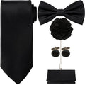 Set of 5 Ties in a Box, Featuring a Solid Color Necktie, Satin Bow Tie, Pocket Square, Lapel Pin, And Cuff Links for Weddings, Formal Gatherings, And Business Events - High-Quality, Versatile, And Fashionable Additions