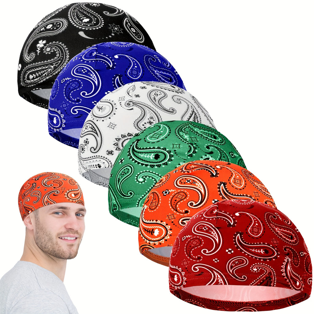 6pcs (Men' & Women') Cooling Breathable Skull Cap Helmet Liner - Sweat-Wicking Beanie Hat with Paisley, Multicolor for Cycling, Running, - Elastic Fit for under Helmet, 6pcs Value Pack