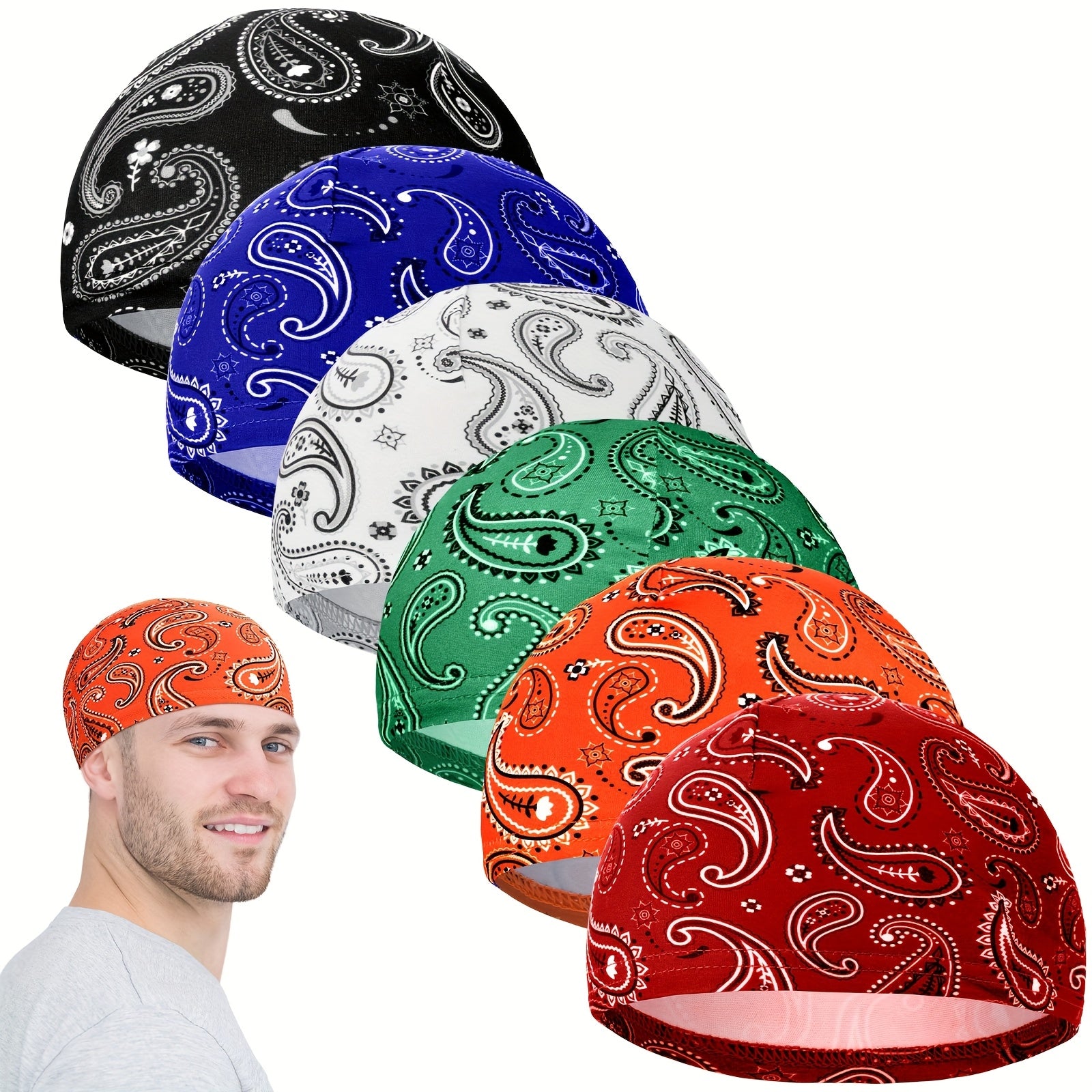 6pcs (Men' & Women') Cooling Breathable Skull Cap Helmet Liner - Sweat-Wicking Beanie Hat with Paisley, Multicolor for Cycling, Running, - Elastic Fit for under Helmet, 6pcs Value Pack