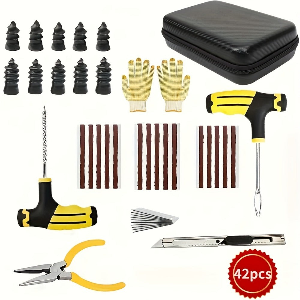 [Tire Repair Kit] 42pcs Car Tire Repair Kit With Emergency Tools, Patches & Sealant - Easy-To-Use For Quick Fixe