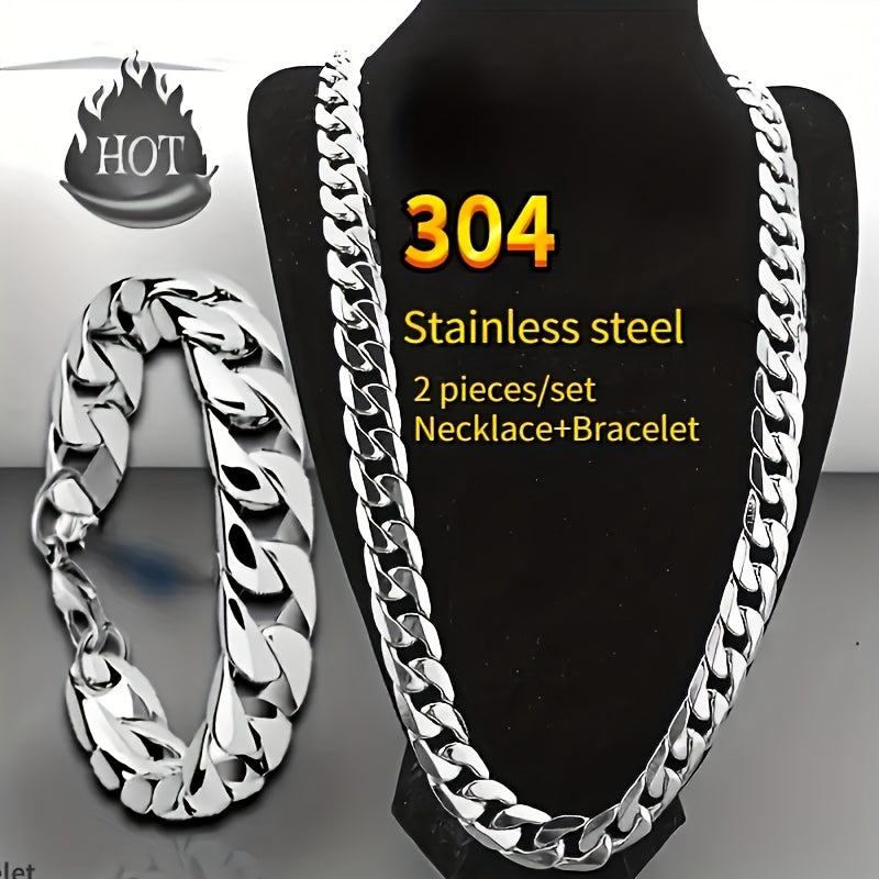 2pcs/ set Stainless Steel Men's necklace and bracelet set, hip-hop punk couple chain
