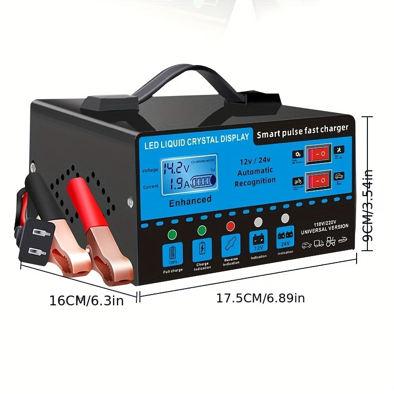 [Intelligent] 12V And 24V Intelligent Universal Battery Charger Inverter, With LCD Display Intelligent Maintenance Overcharge And Short Circuit Protection, Suitable For Intelligent Trickle Charging Maintenance Of Various Cars, Yachts, And Batteries