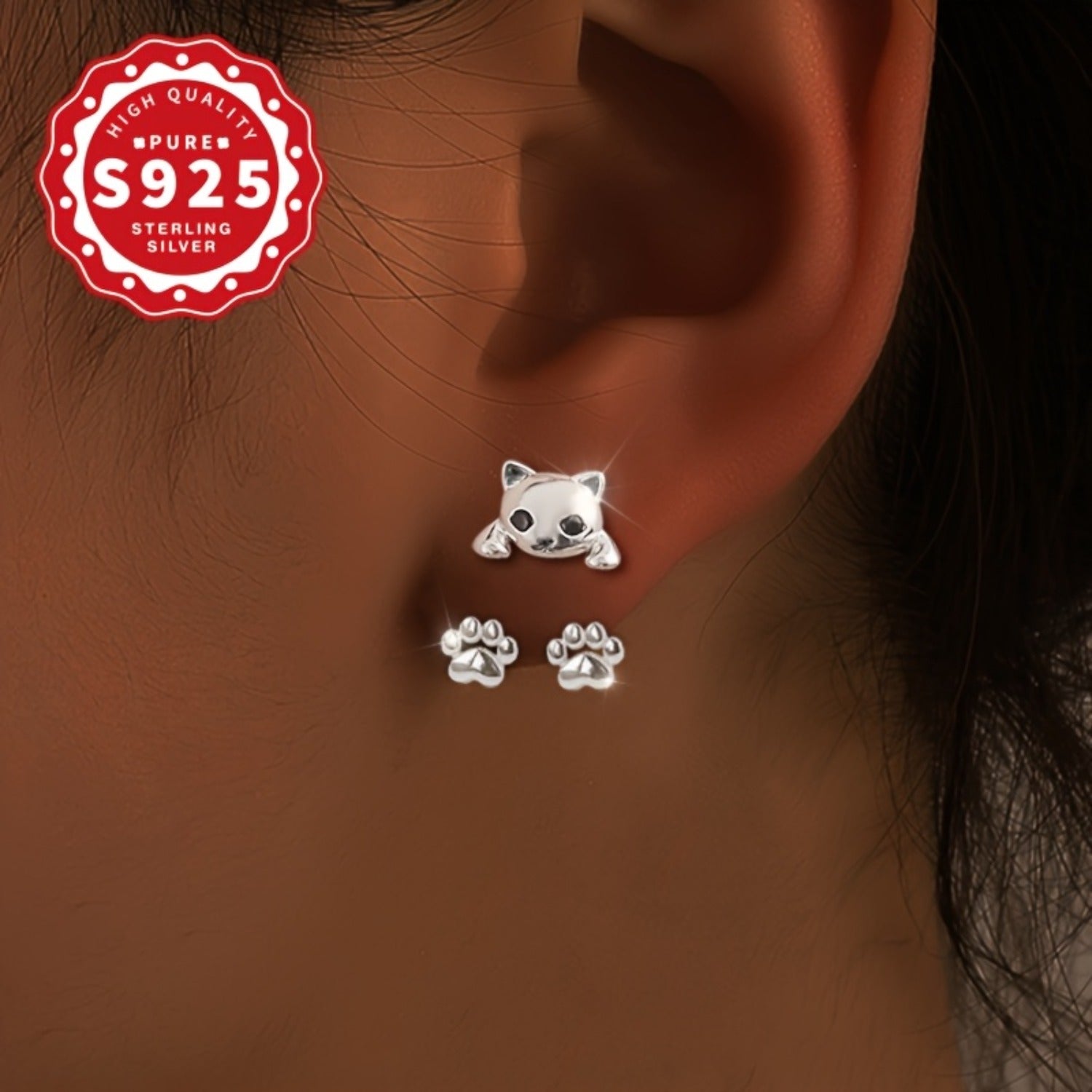 Pair of S925 Sterling Silver Cat Paw Dangle Earrings - Cute Cartoon Design, Hypoallergenic, Perfect for Daily Wear & Gifting, Ideal for Halloween & Parties, Cute Earrings