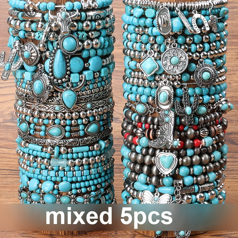 [Turquoise Beads & Charms] 5/16/19/24pcs Western Bohemian Vintage Turquoise Bracelet Set - Multilayer Stacked, Unisex Jewelry with Beads & Charms, Layered Design for Daily Wear, Party Music Festival, Perfect Daily Wear Or Holiday Gift