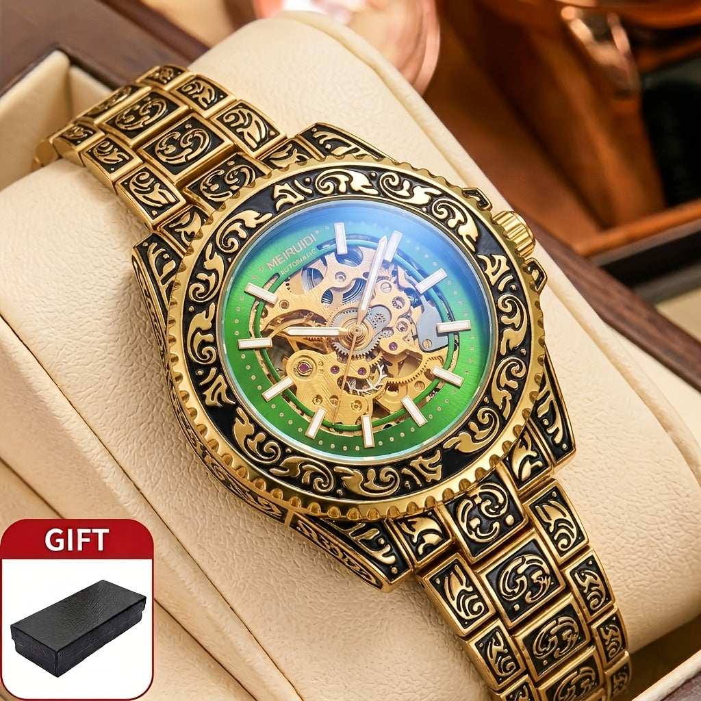 1pc Men'S Red Steel Belt Watch Featuring a Retro Design, Unique Fashion, And Luminous Carved Mechanical Elements, Without Battery
