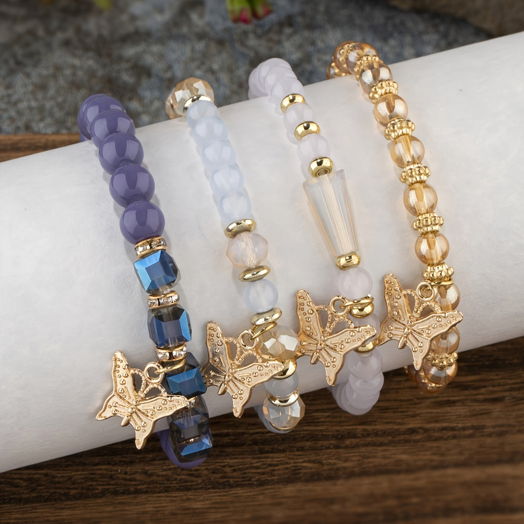 7 sets (a total of 28pcs) of multi-layer beaded stackable bracelet sets, artificial butterfly pendant jewelry sets, multi-layer beaded elastic bracelets, handmade jewelry sets -DIY beaded jewelry